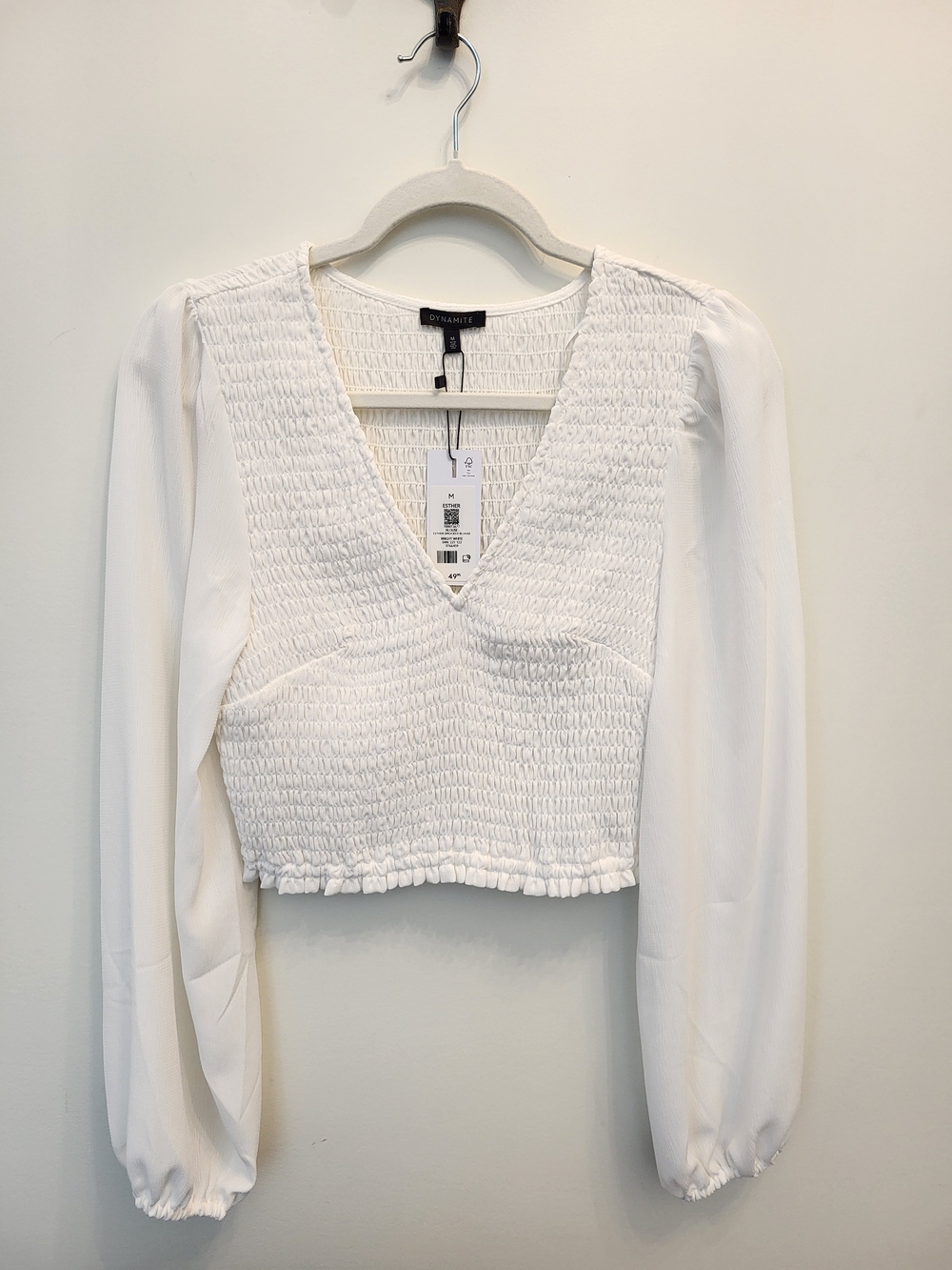 Dynamite White Esther Smocked V-Neck Long Sleeve Top